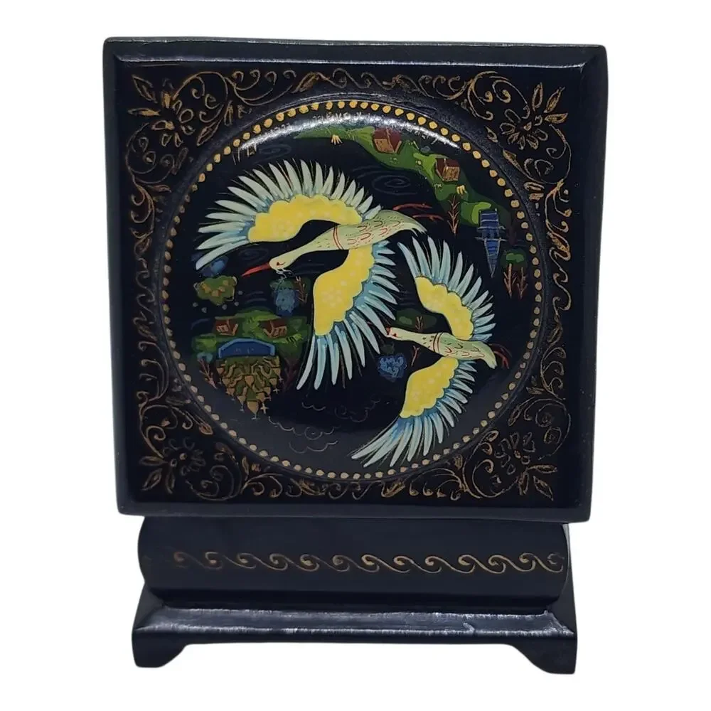 Vintage Russian Black Lacquer Trinket Box Birds Hand Painted Cranes Gold Leaf